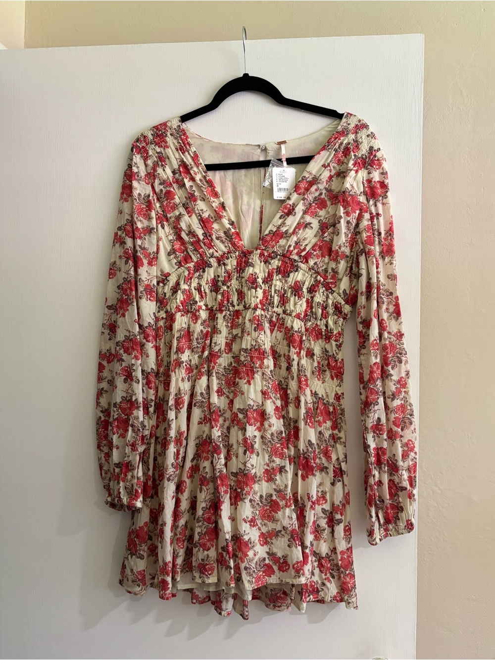 Free People Cream Floral V-Neck Long Sleeve Smocked Dress